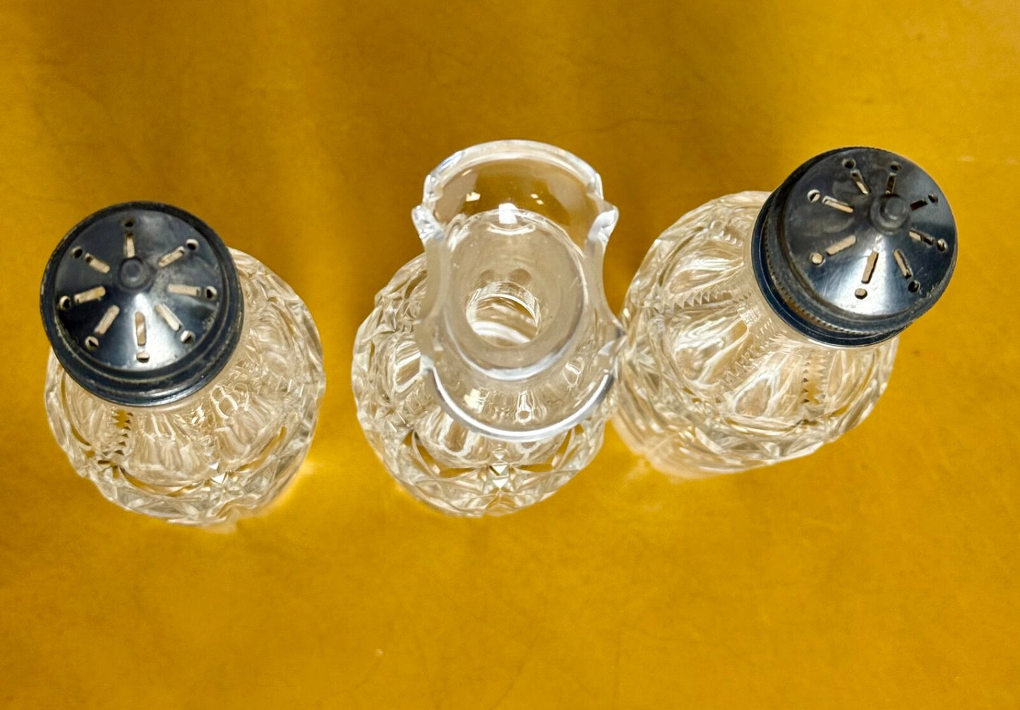 Antique Victorian crystal cruet set of 3, Great condition, Salt and Pepper & Oil