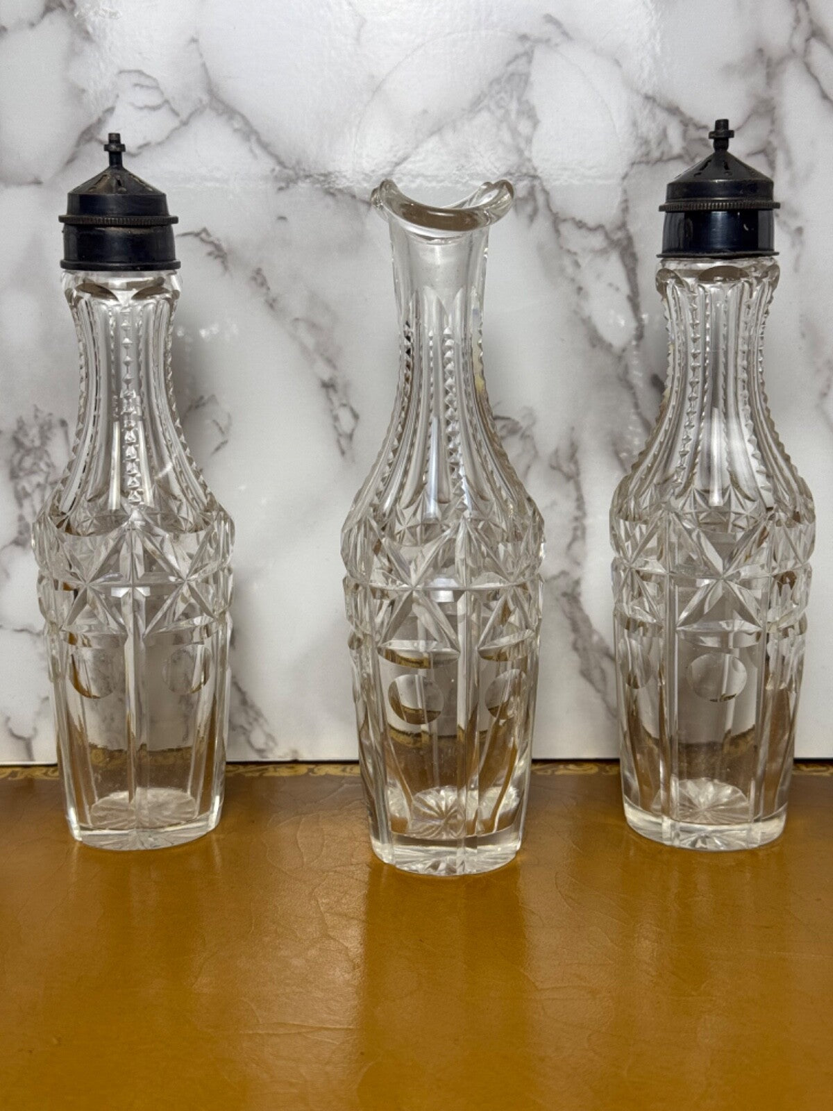 Antique Victorian crystal cruet set of 3, Great condition, Salt and Pepper & Oil