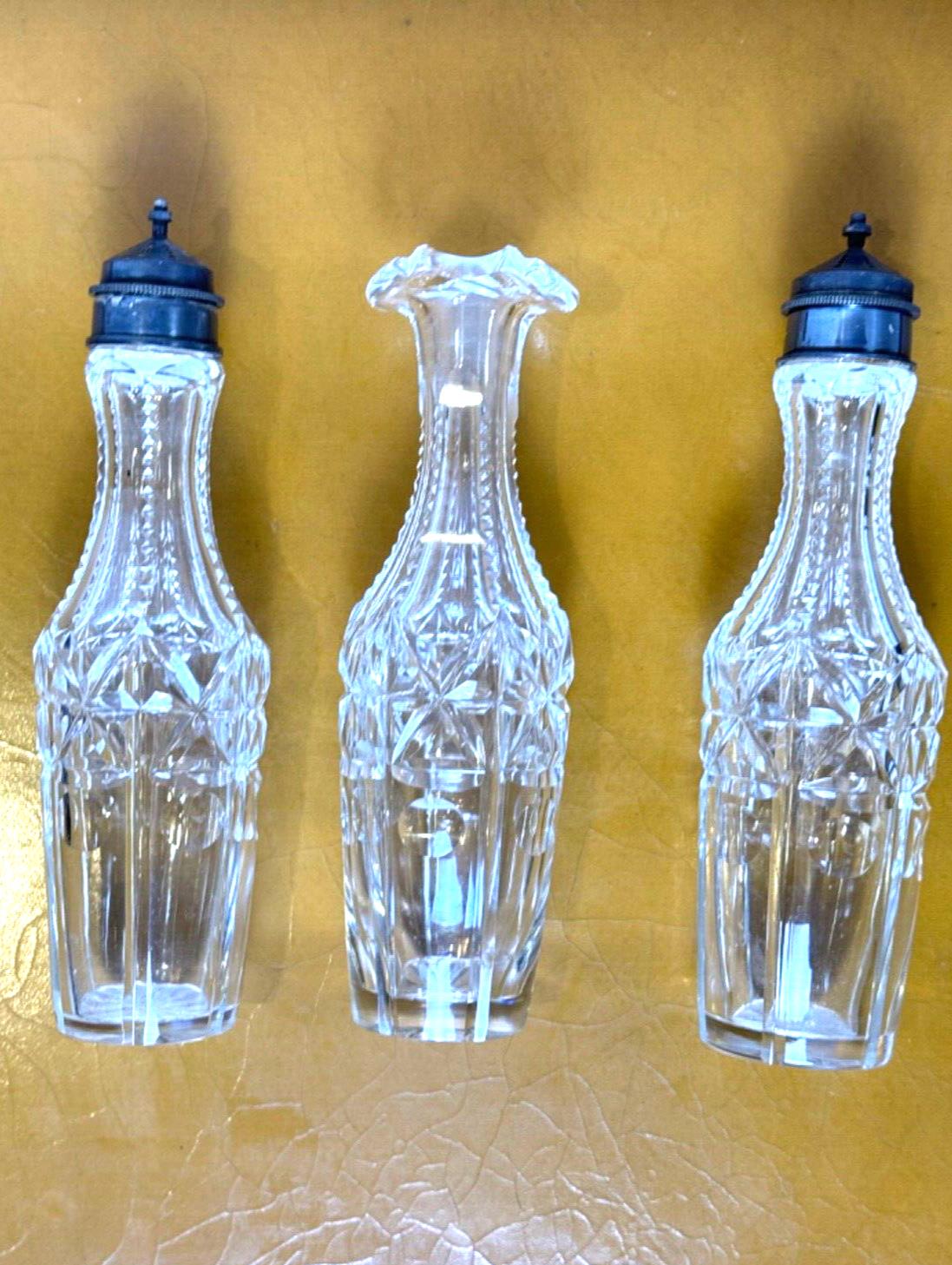 Antique Victorian crystal cruet set of 3, Great condition, Salt and Pepper & Oil