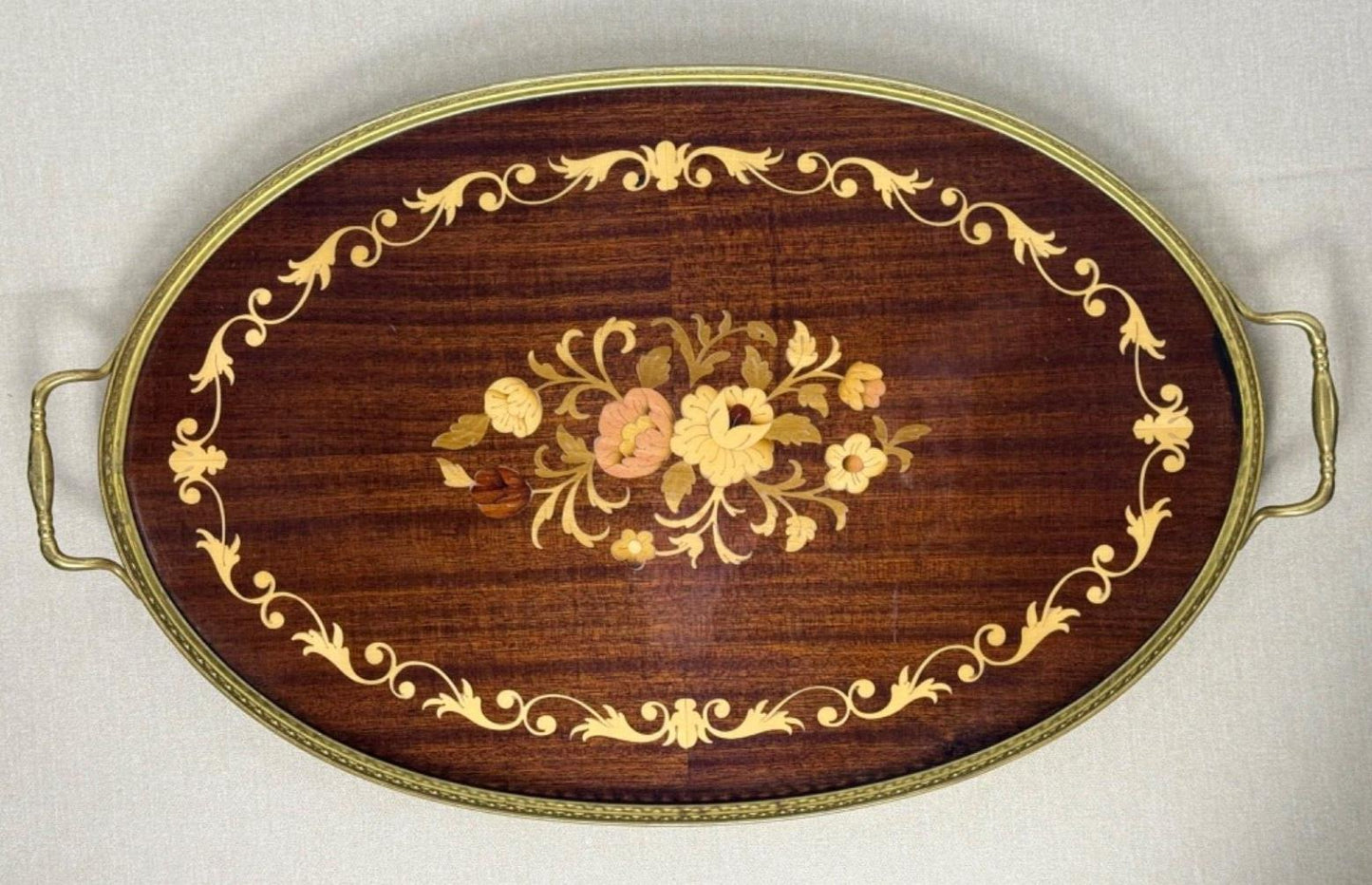 SALE! 1950s Hollywood Regency Brass Marquetry Wood Serving Tray Upscale Decor