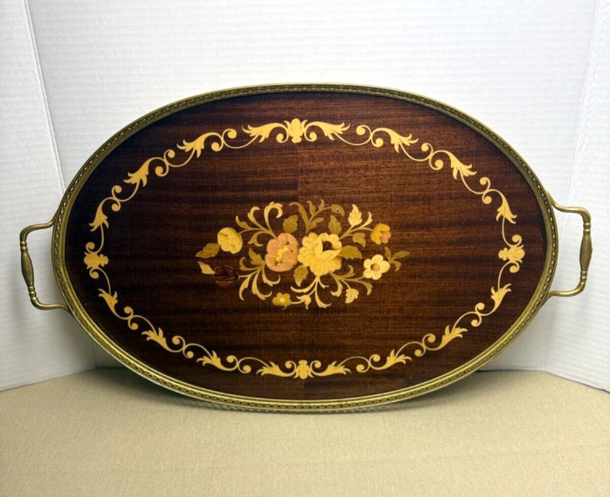 SALE! 1950s Hollywood Regency Brass Marquetry Wood Serving Tray Upscale Decor