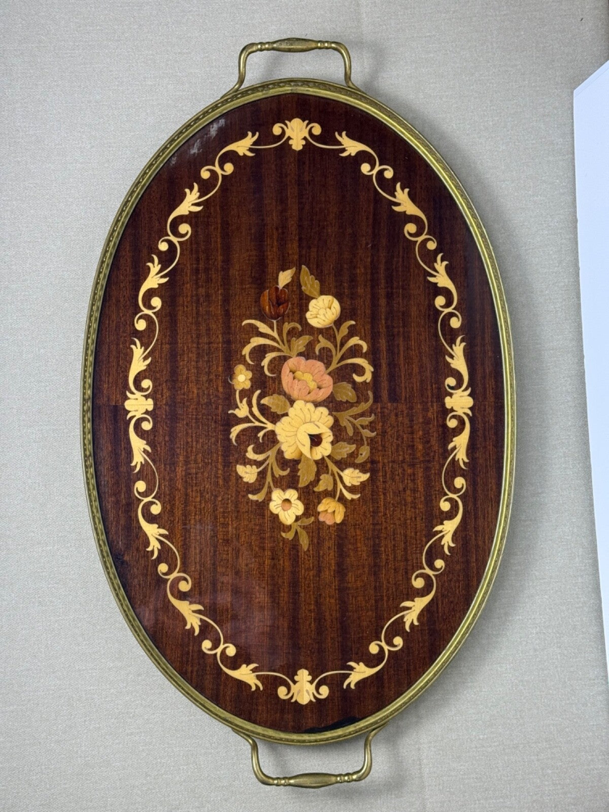 SALE! 1950s Hollywood Regency Brass Marquetry Wood Serving Tray Upscale Decor