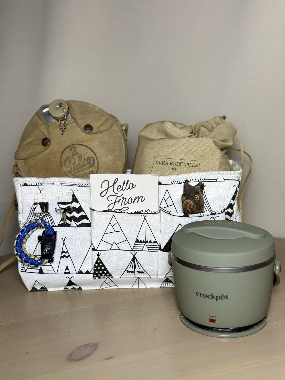 Camping / Boy Scout Set - Vintage Canteen, LL Bean Ta-ka-radi Tiles, Crockpot