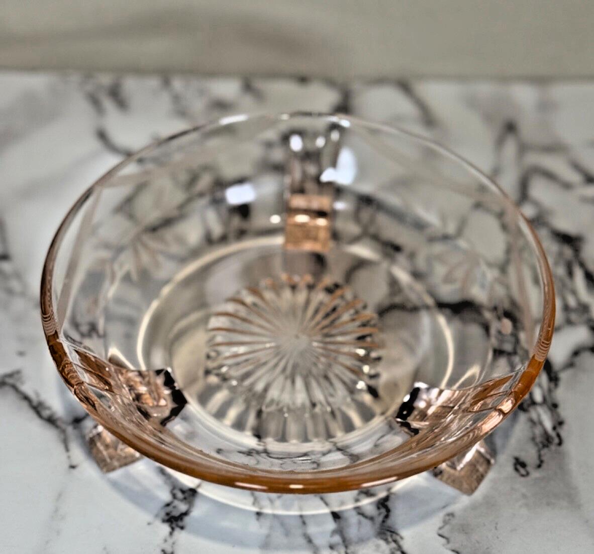Vintage Norwood 3 Footed Etched Pink Depression Glass 8” Round Floral Candy Dish