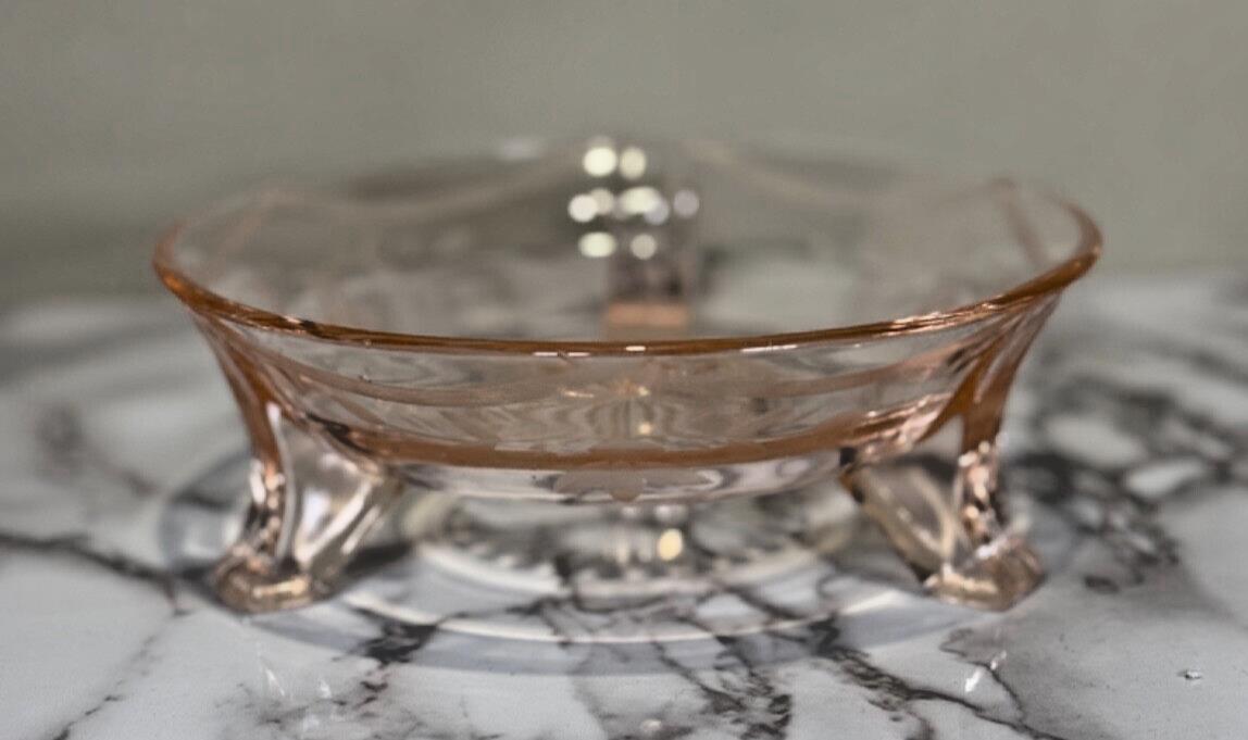 Vintage Norwood 3 Footed Etched Pink Depression Glass 8” Round Floral Candy Dish