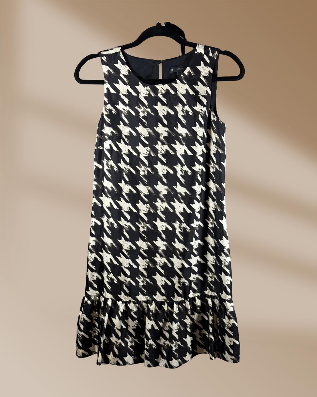 J. Crew NWT Women’s Size 00 Black /Cream Houndstooth Silk Ruffle Hem Shift Dress