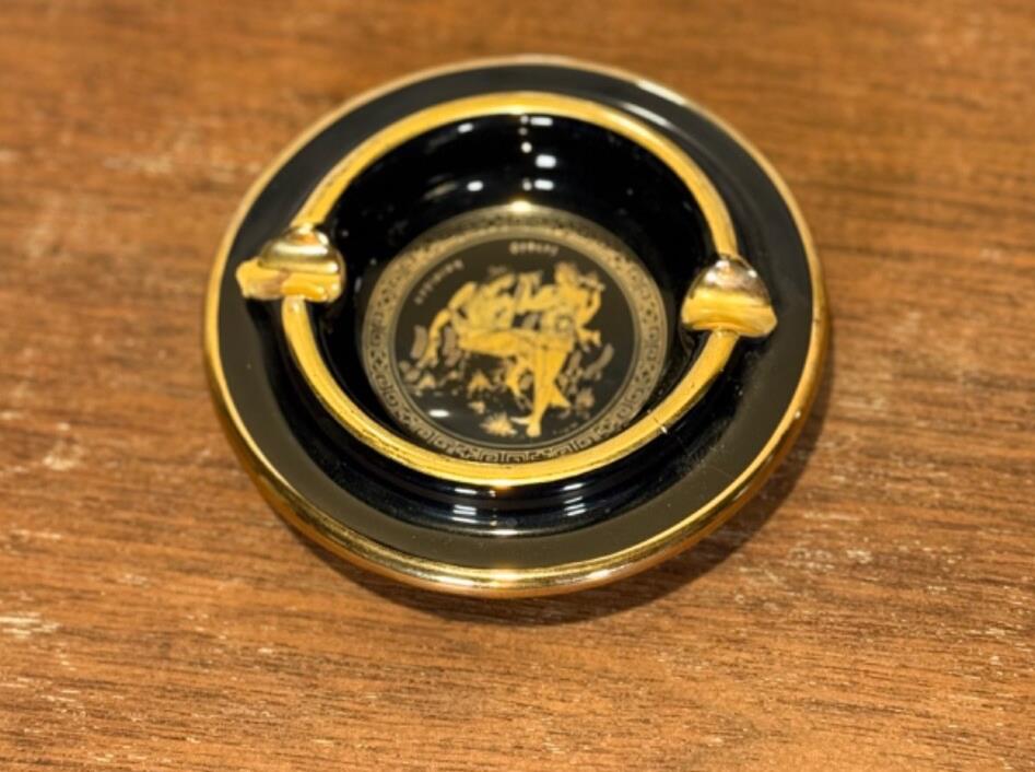 Vintage Greek Kipuros Ashtray, Handmade, 24k Gold Trim, Orpheus & Eurydice scene