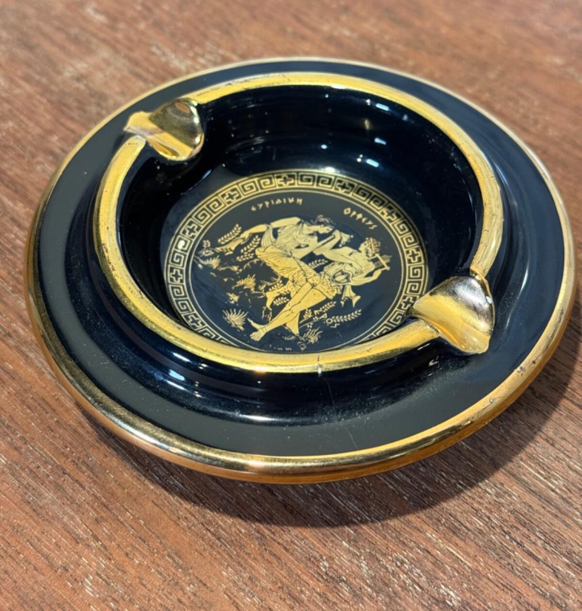 Vintage Greek Kipuros Ashtray, Handmade, 24k Gold Trim, Orpheus & Eurydice scene