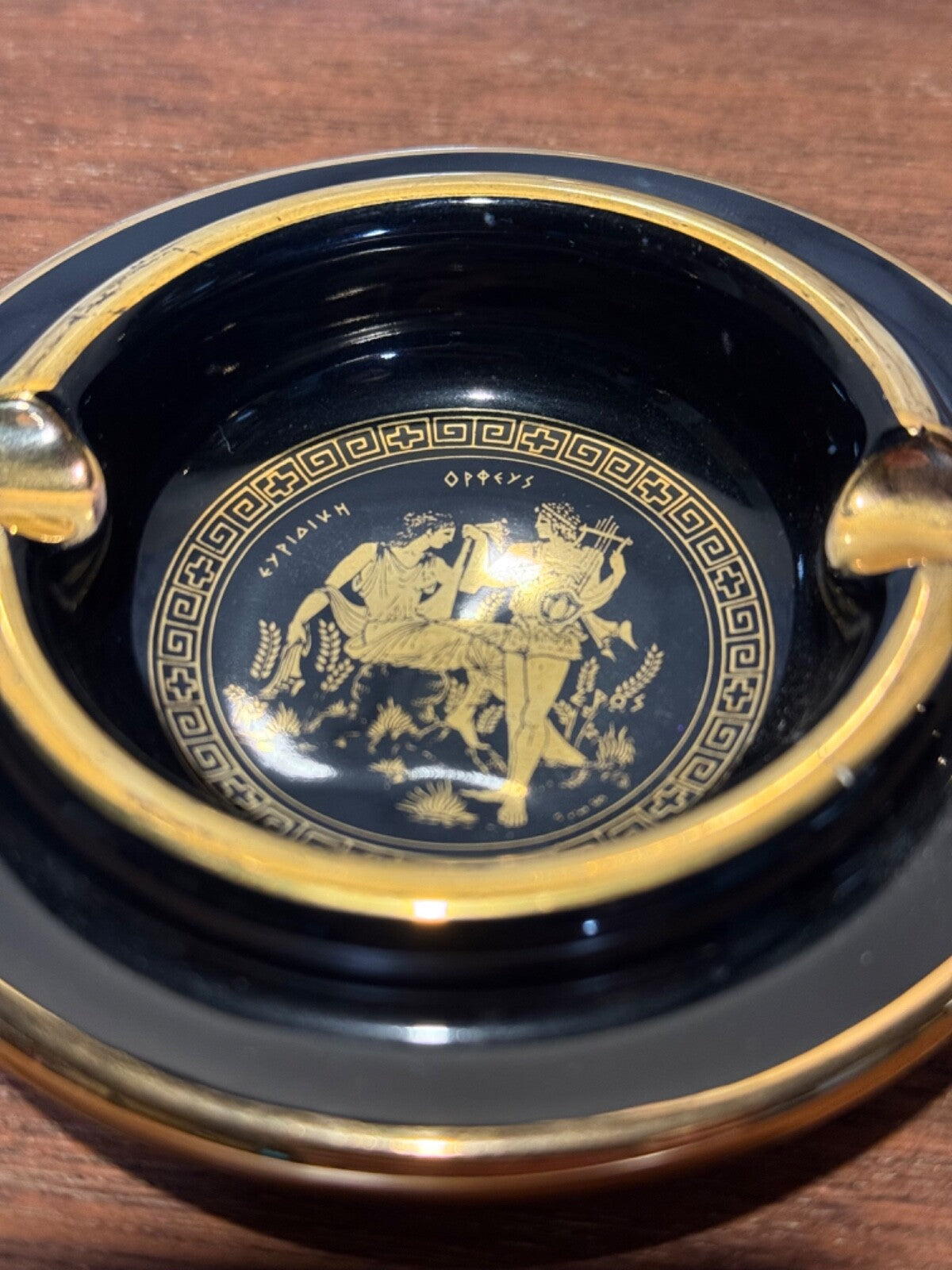 Vintage Greek Kipuros Ashtray, Handmade, 24k Gold Trim, Orpheus & Eurydice scene
