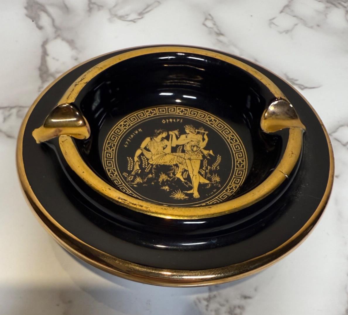 Vintage Greek Kipuros Ashtray, Handmade, 24k Gold Trim, Orpheus & Eurydice scene