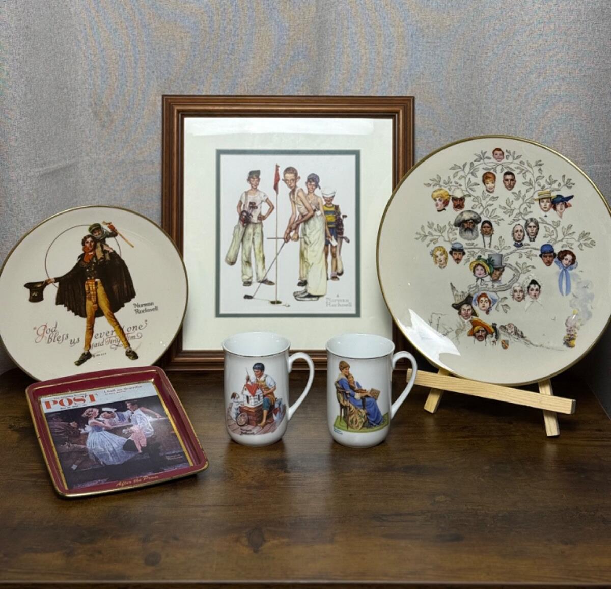 Vintage Norman Rockwell Collection LOT Print, Plates, Mugs, Tray