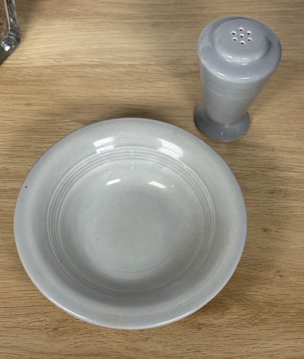 SALE! Vintage Homer Laughlin Harlequin Salt & Pepper Shaker & Bowl, Gray Fiesta
