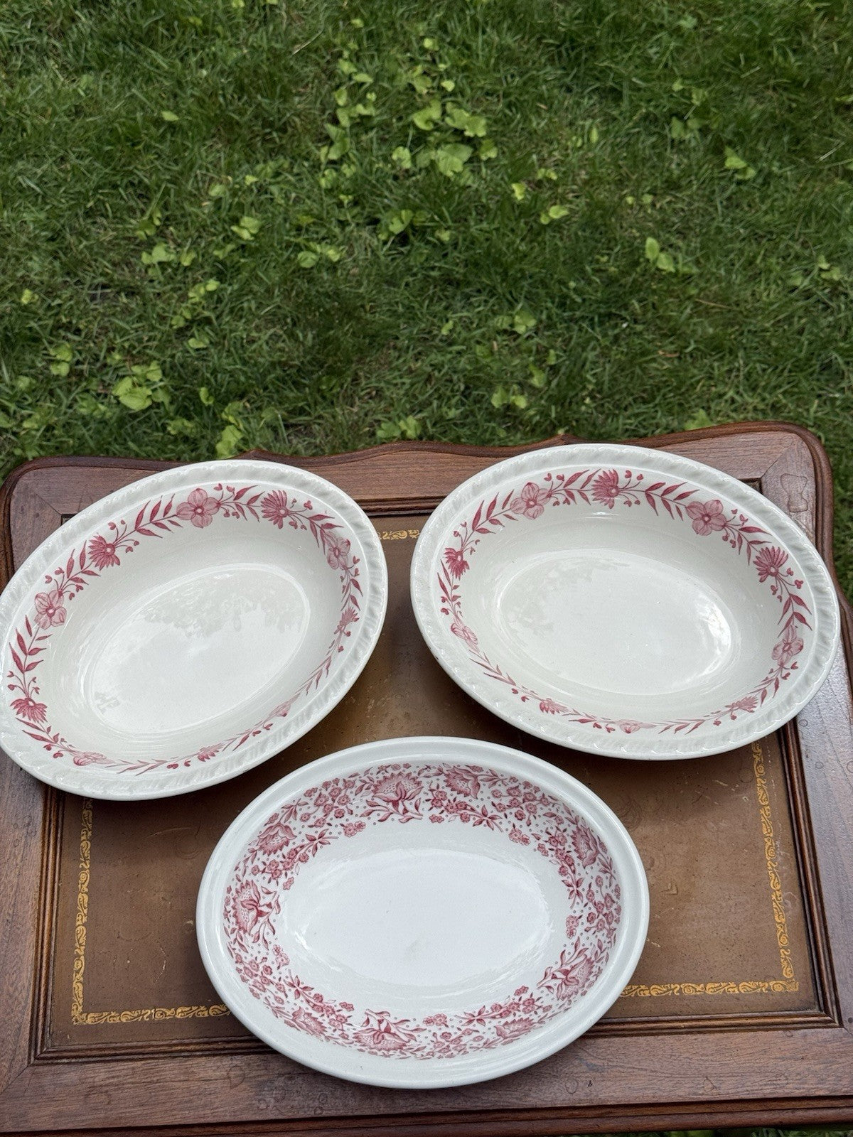 Lot of 3 Oval ceramic china platters, red floral pattern, Vintage Made In USA