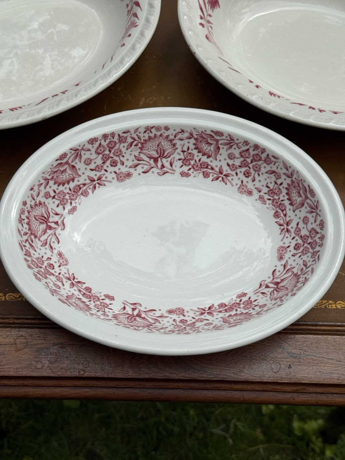 Lot of 3 Oval ceramic china platters, red floral pattern, Vintage Made In USA