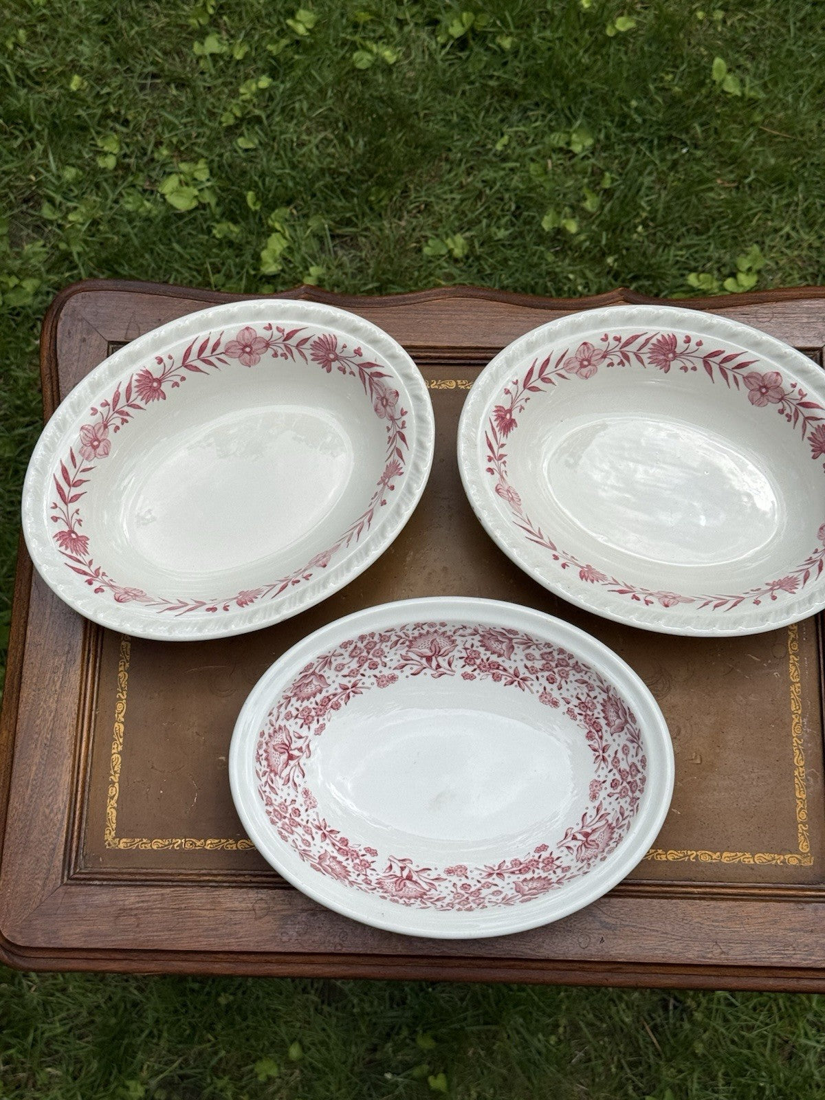 Lot of 3 Oval ceramic china platters, red floral pattern, Vintage Made In USA