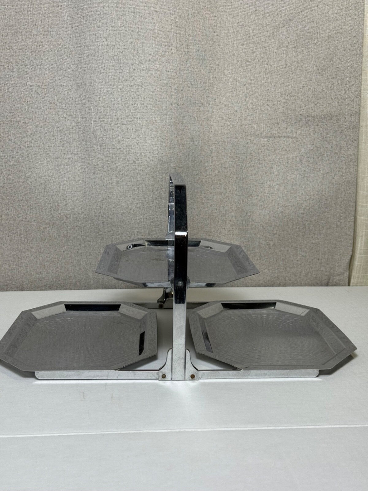 Vtg Chase Art Deco Folding 3 Section Tiered Chrome Tray - Entertaining Decor