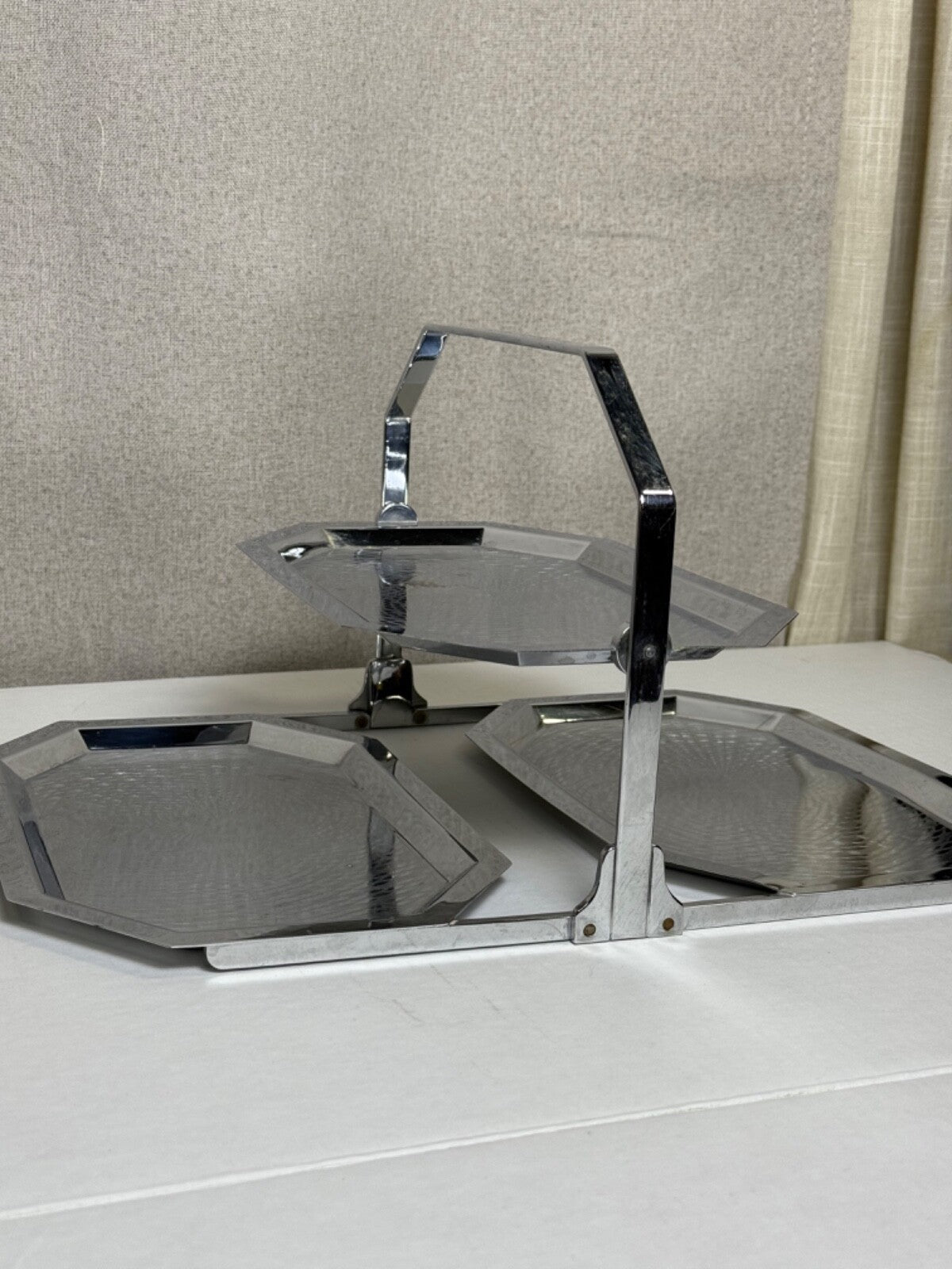 Vtg Chase Art Deco Folding 3 Section Tiered Chrome Tray - Entertaining Decor