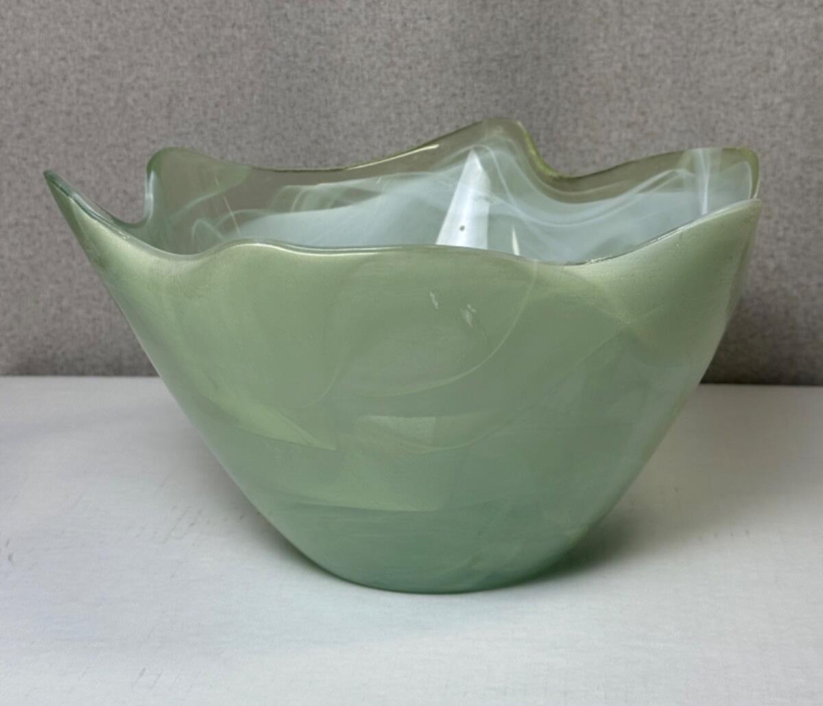 Vintage Large Green Art Glass Scalloped Centerpiece Bowl - Made in Spain