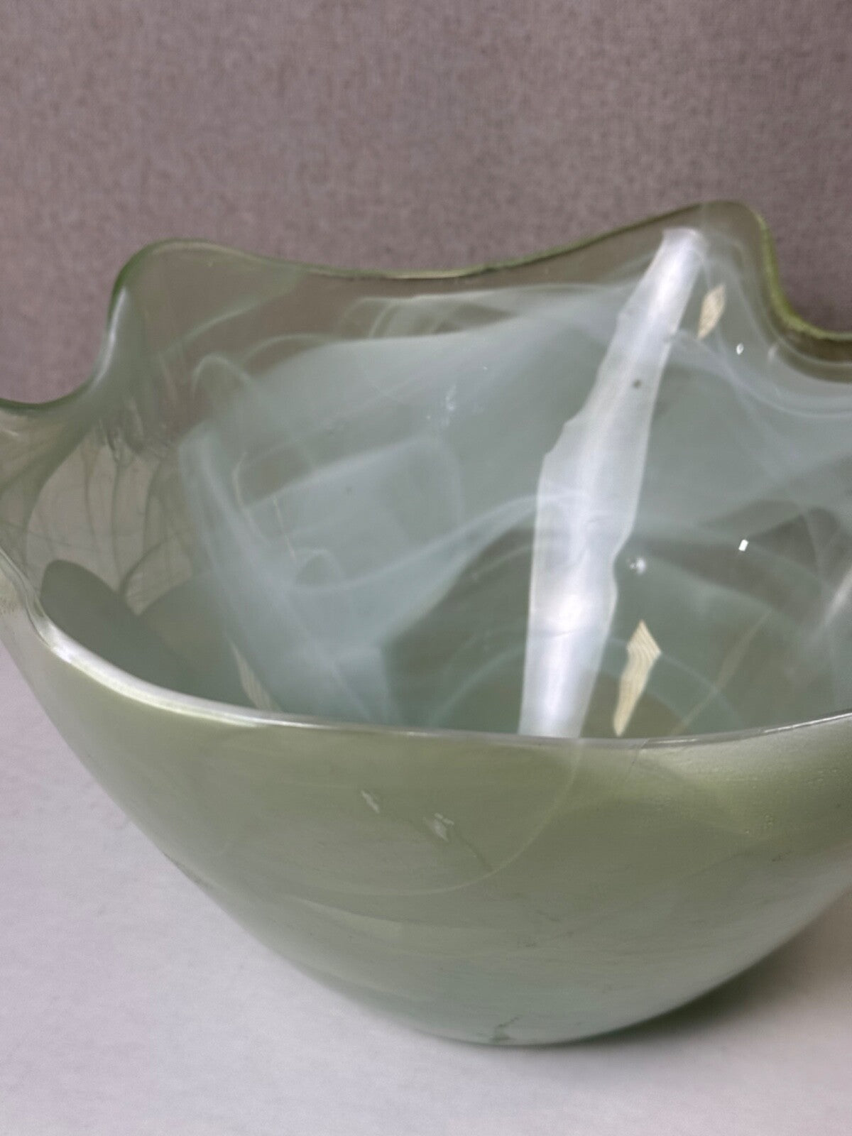 Vintage Large Green Art Glass Scalloped Centerpiece Bowl - Made in Spain