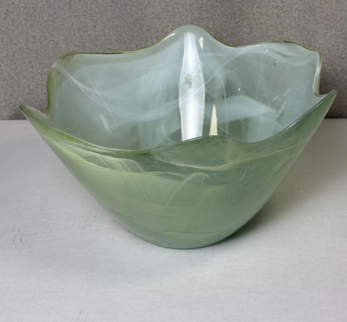 Vintage Large Green Art Glass Scalloped Centerpiece Bowl - Made in Spain