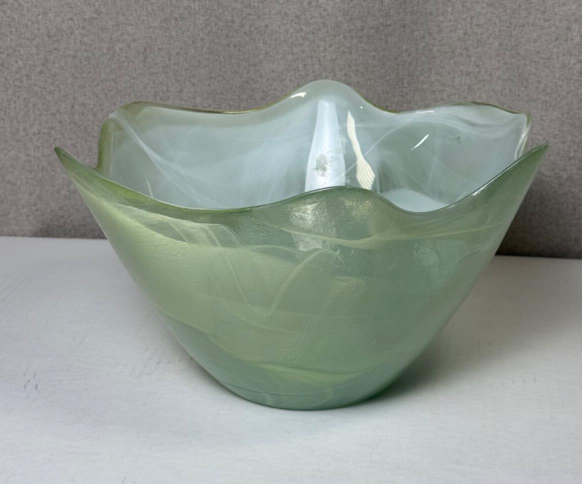 Vintage Large Green Art Glass Scalloped Centerpiece Bowl - Made in Spain