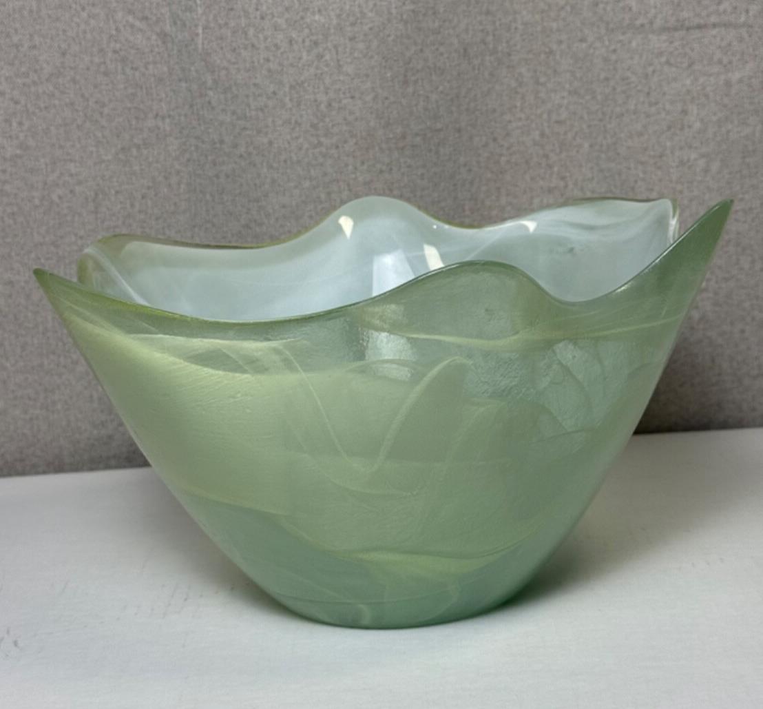Vintage Large Green Art Glass Scalloped Centerpiece Bowl - Made in Spain