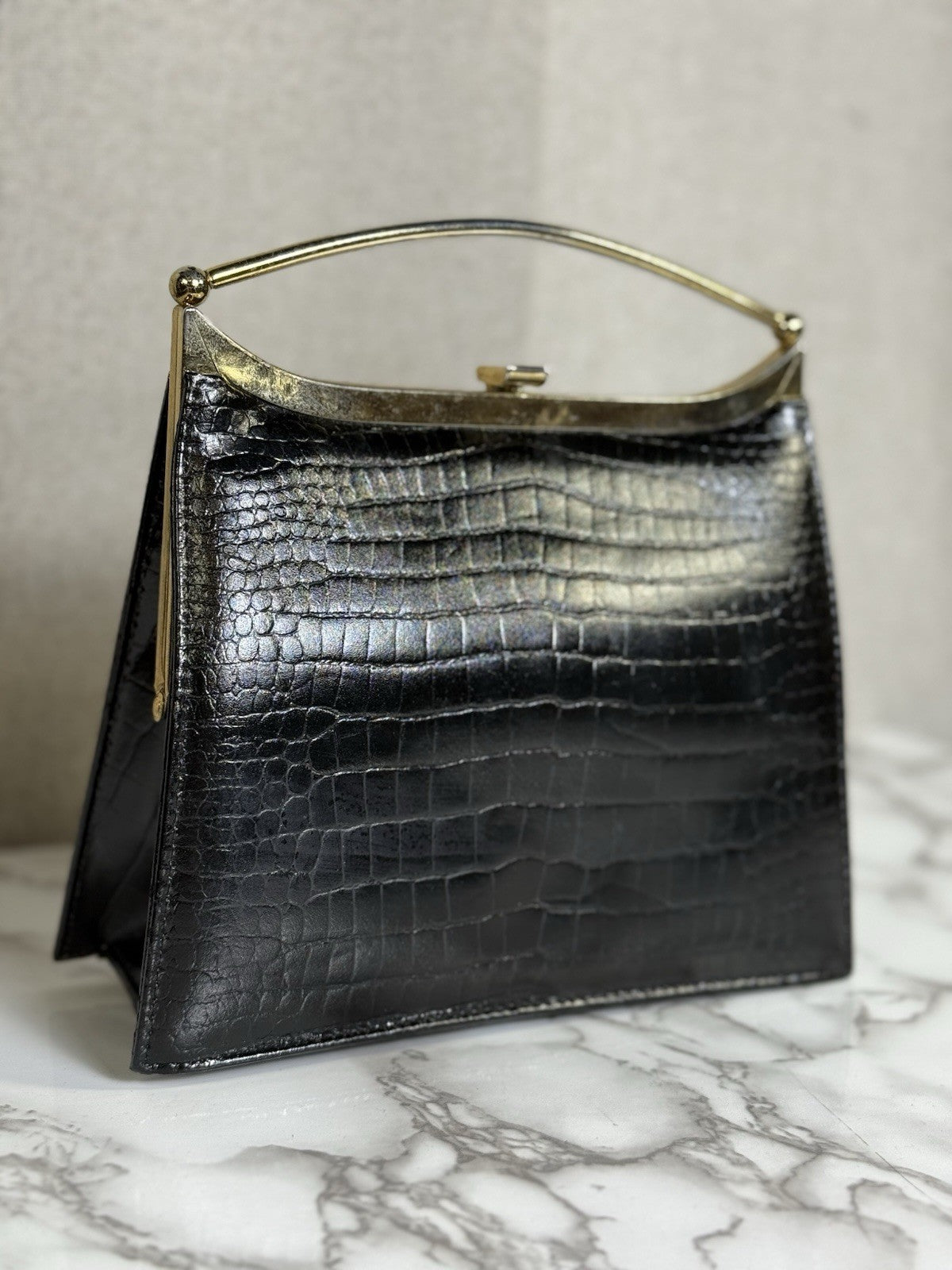 SALE! Vintage MCM Black Alligator/crocodile Handbag With Gold Plated Handle