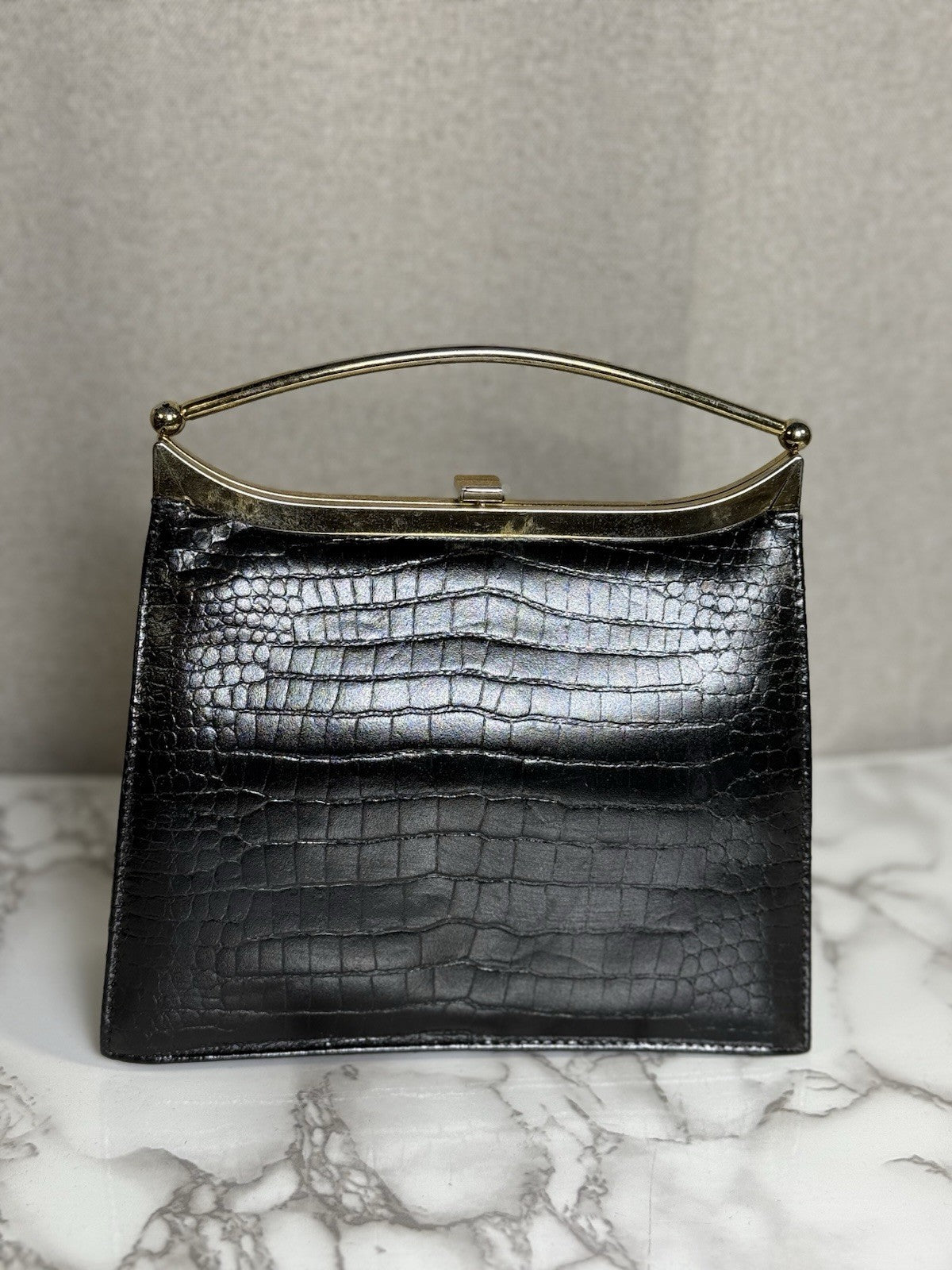 SALE! Vintage MCM Black Alligator/crocodile Handbag With Gold Plated Handle