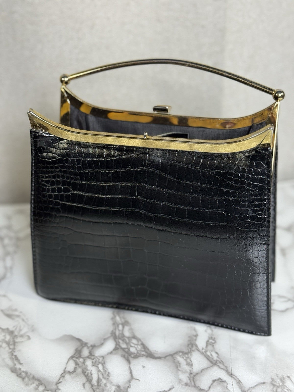 SALE! Vintage MCM Black Alligator/crocodile Handbag With Gold Plated Handle