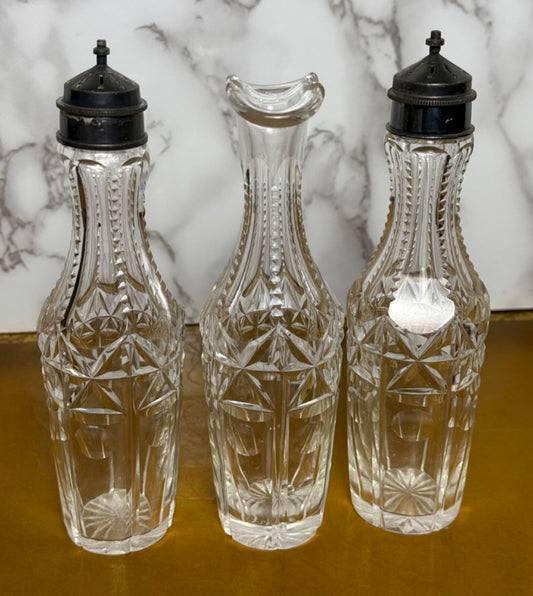 Antique Victorian crystal cruet set of 3, Great condition, Salt and Pepper & Oil