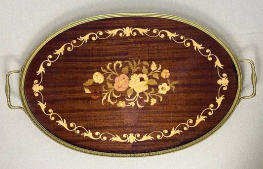 SALE! 1950s Hollywood Regency Brass Marquetry Wood Serving Tray Upscale Decor