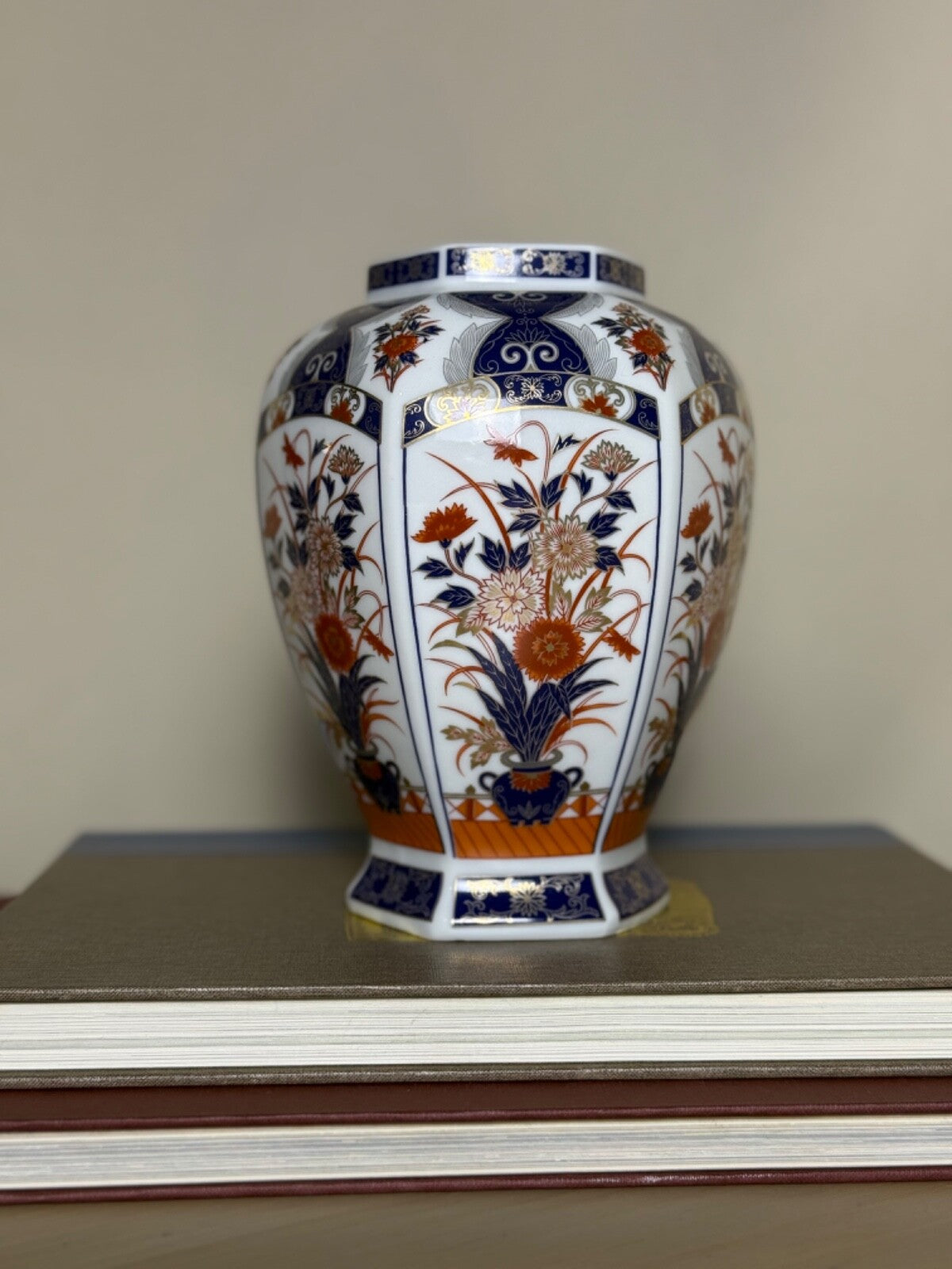 SALE! Japanese Imari style Ginger Jar vase Vibrant Blue & Orange Design