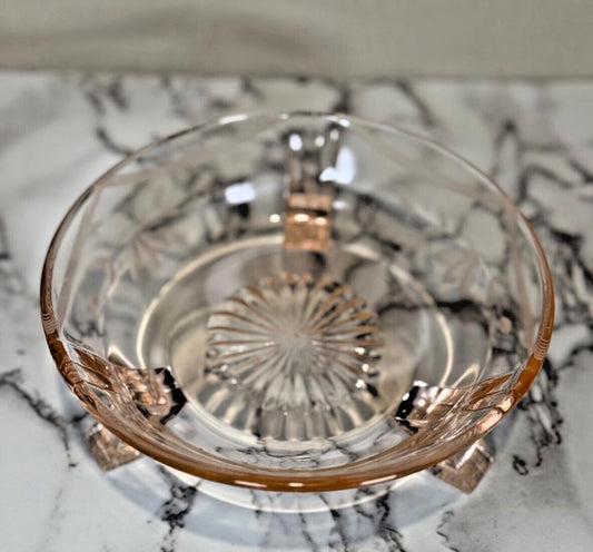 Vintage Norwood 3 Footed Etched Pink Depression Glass 8” Round Floral Candy Dish
