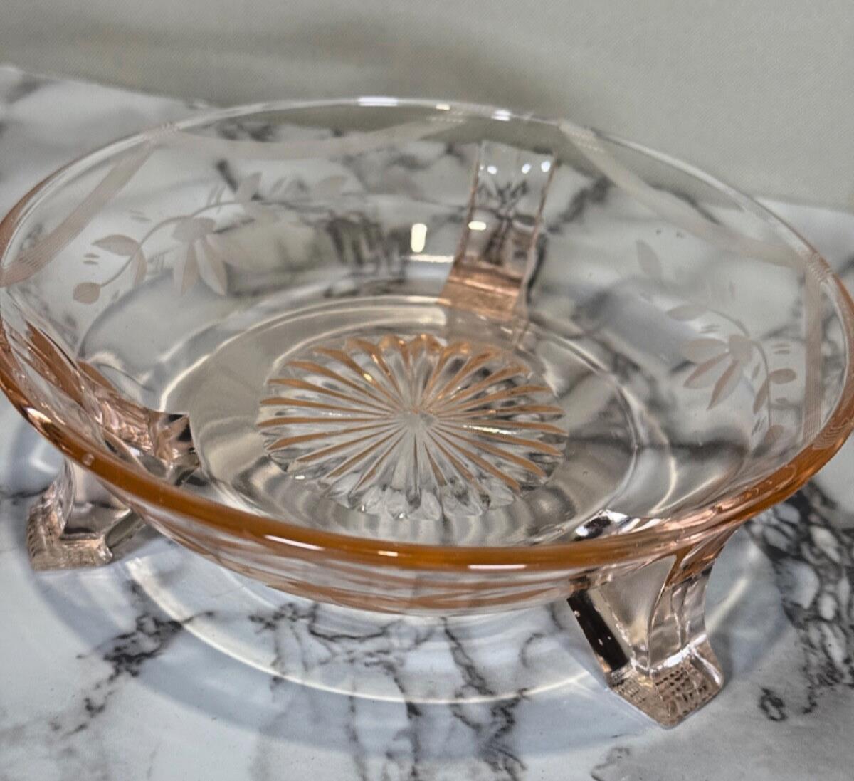 Vintage Norwood 3 Footed Etched Pink Depression Glass 8” Round Floral Candy Dish