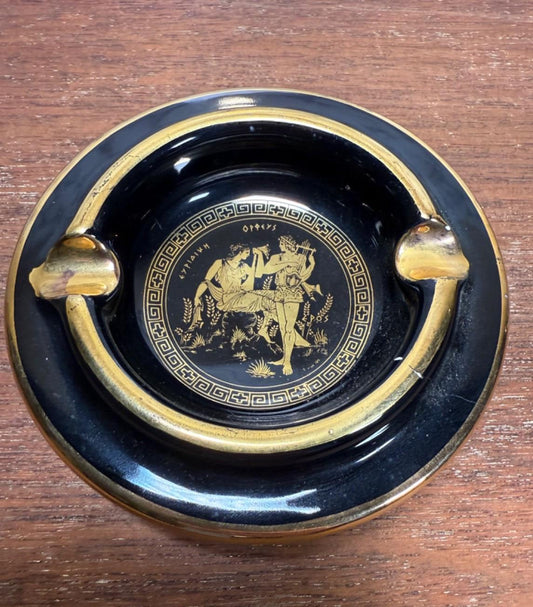 Vintage Greek Kipuros Ashtray, Handmade, 24k Gold Trim, Orpheus & Eurydice scene