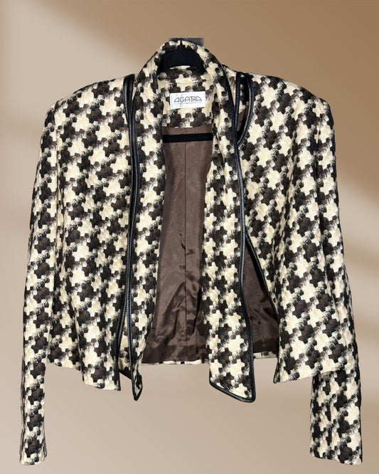vintage fashion brand wool blazer, women's medium, houndstooth black cream brown