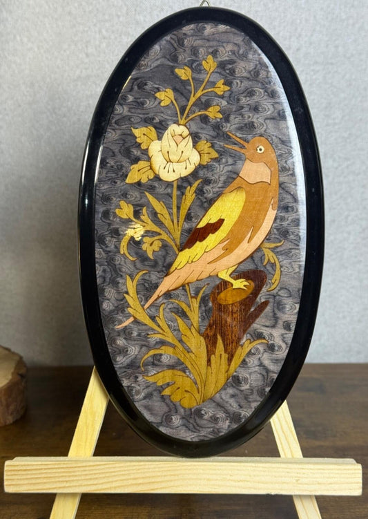 Vintage Italian Wood Inlaid Oval Marquetry Plaque Art Bird & Flower - MCM Decor