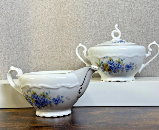 Vintage Deauville China Forget Me Nots Flower Design Creamer & Sugar Bowl w/ Lid