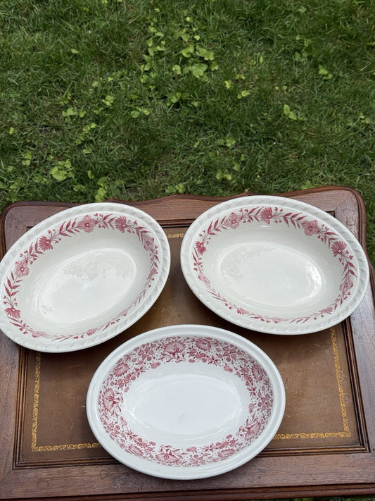 Lot of 3 Oval ceramic china platters, red floral pattern, Vintage Made In USA