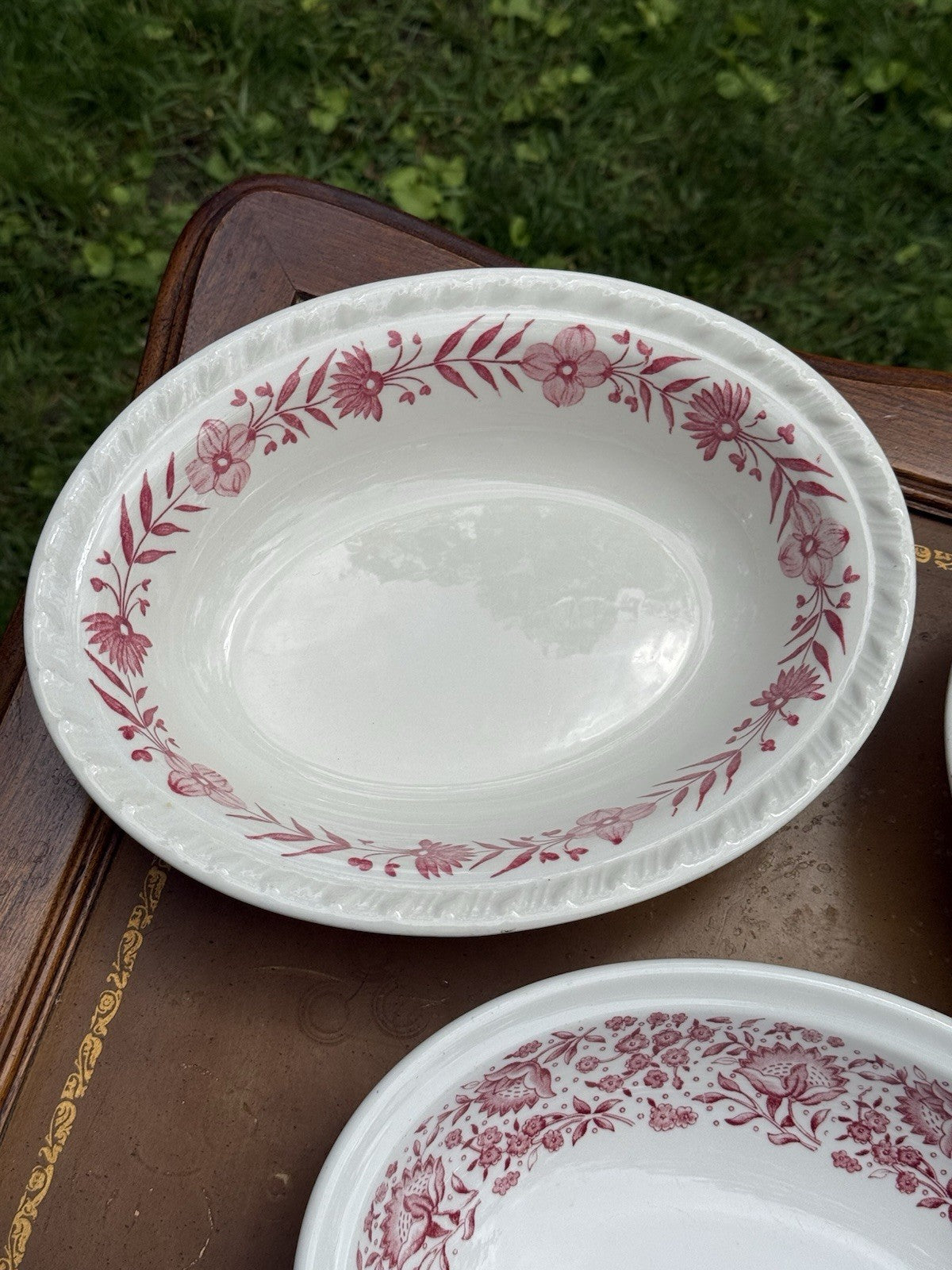 Lot of 3 Oval ceramic china platters, red floral pattern, Vintage Made In USA