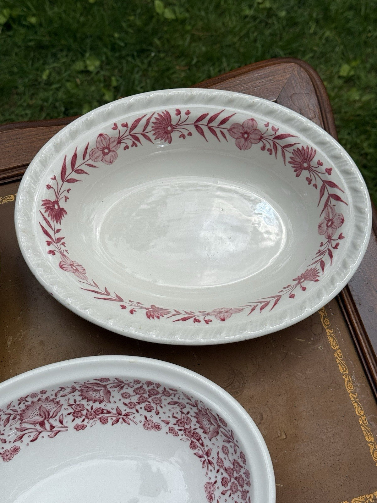 Lot of 3 Oval ceramic china platters, red floral pattern, Vintage Made In USA