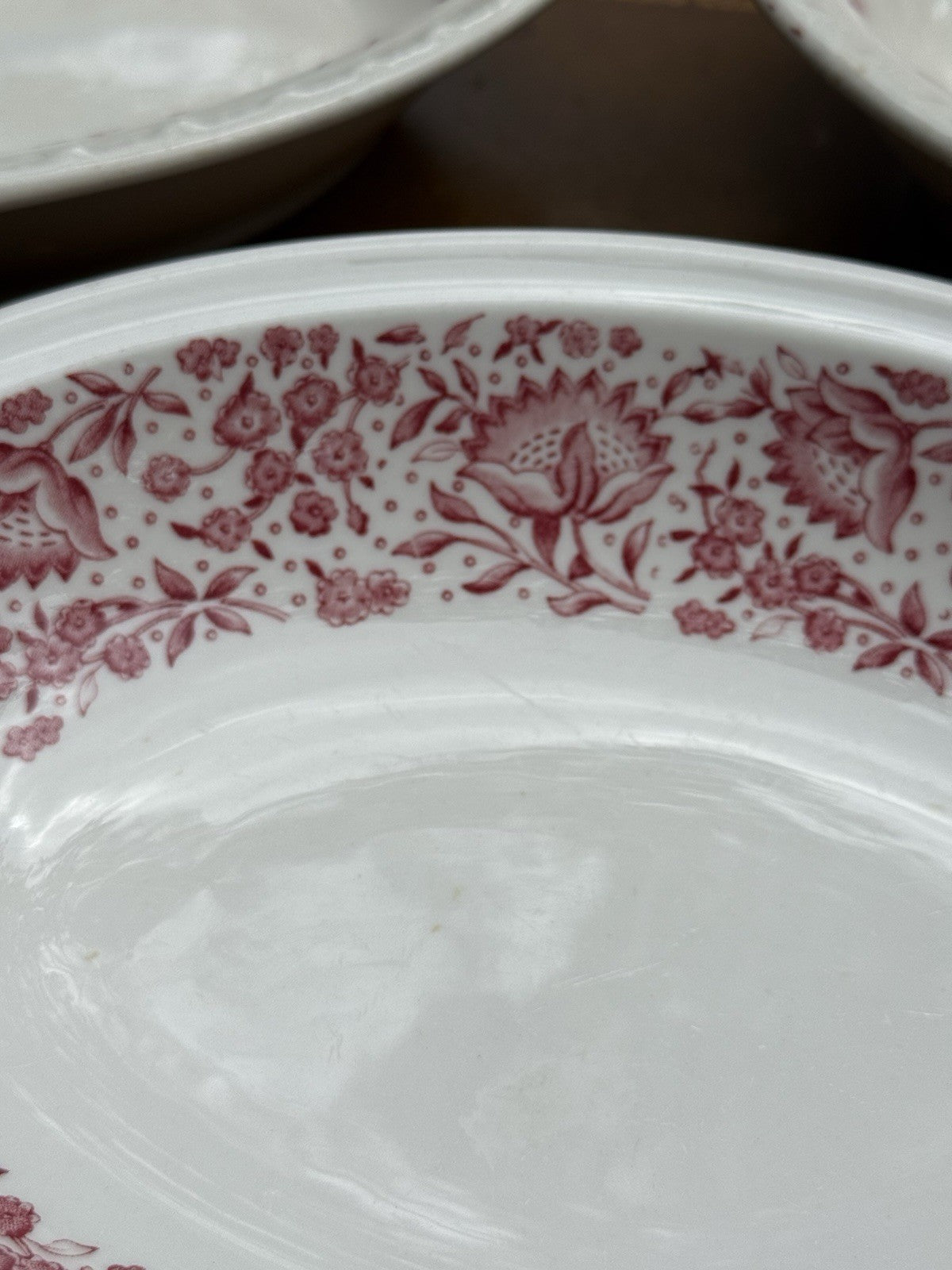 Lot of 3 Oval ceramic china platters, red floral pattern, Vintage Made In USA