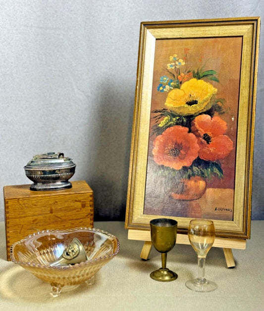 Curated MCM Lot: Style Your Home/Bookshelves w/ Oil Painting & Small Decor Items