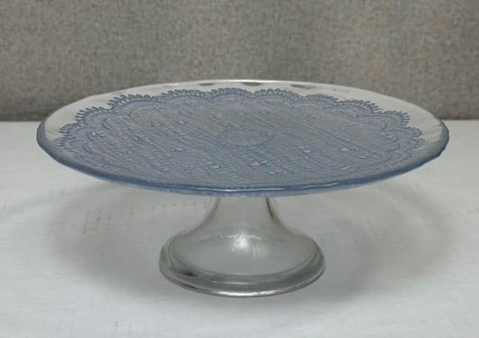 Vintage Rare Blue Color Doily Imprinted Glass Pedestal Cake / Serving Plate