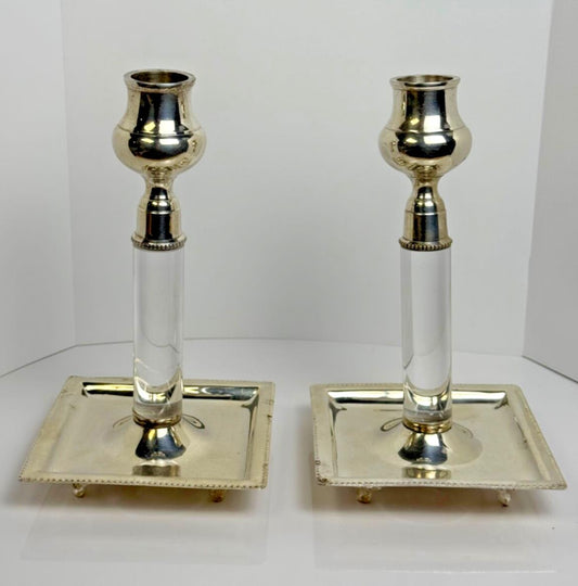 Vintage Silver Plated and Acrylic Candlestick Set of 2 - MCM elegant decor