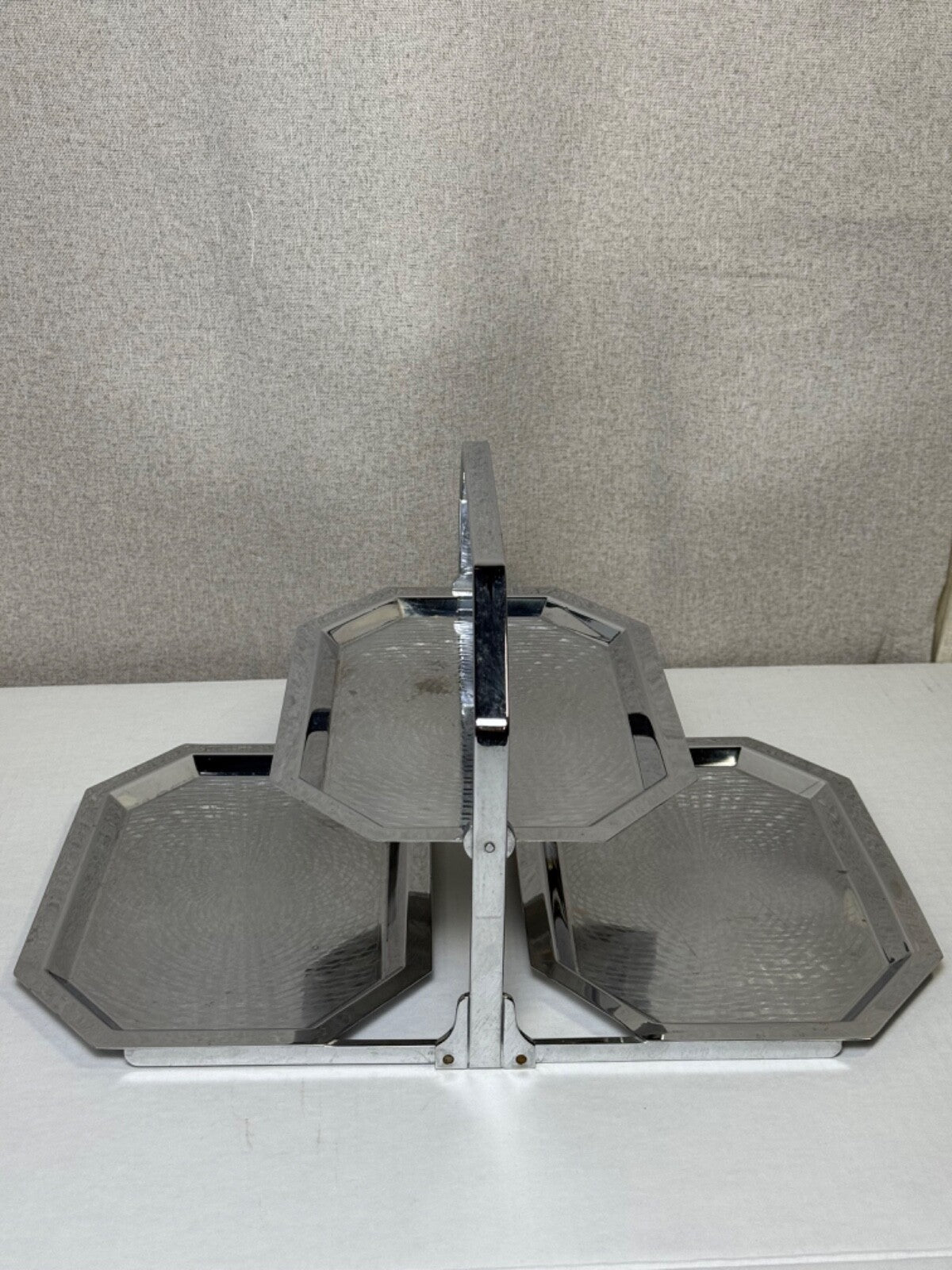 Vtg Chase Art Deco Folding 3 Section Tiered Chrome Tray - Entertaining Decor
