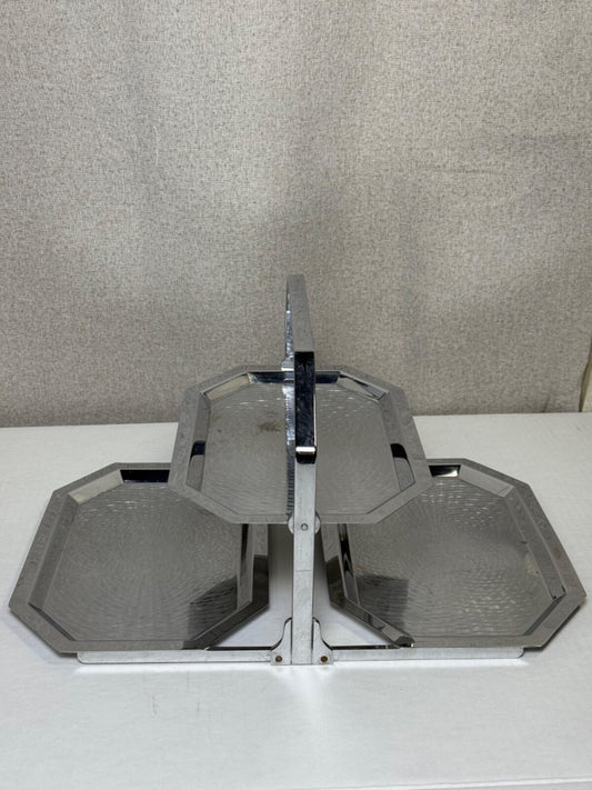 Vtg Chase Art Deco Folding 3 Section Tiered Chrome Tray - Entertaining Decor