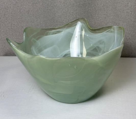 Vintage Large Green Art Glass Scalloped Centerpiece Bowl - Made in Spain