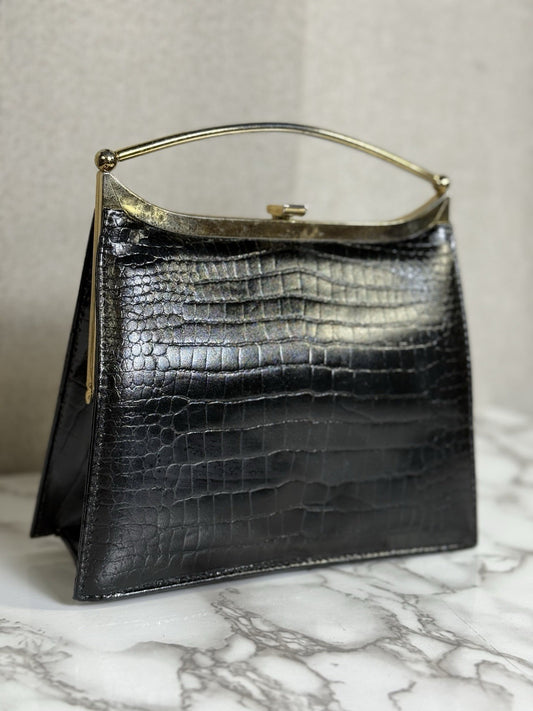 SALE! Vintage MCM Black Alligator/crocodile Handbag With Gold Plated Handle